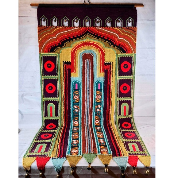 Wall Hanging Multicolor Woven Textile Bell Detail Bohemian